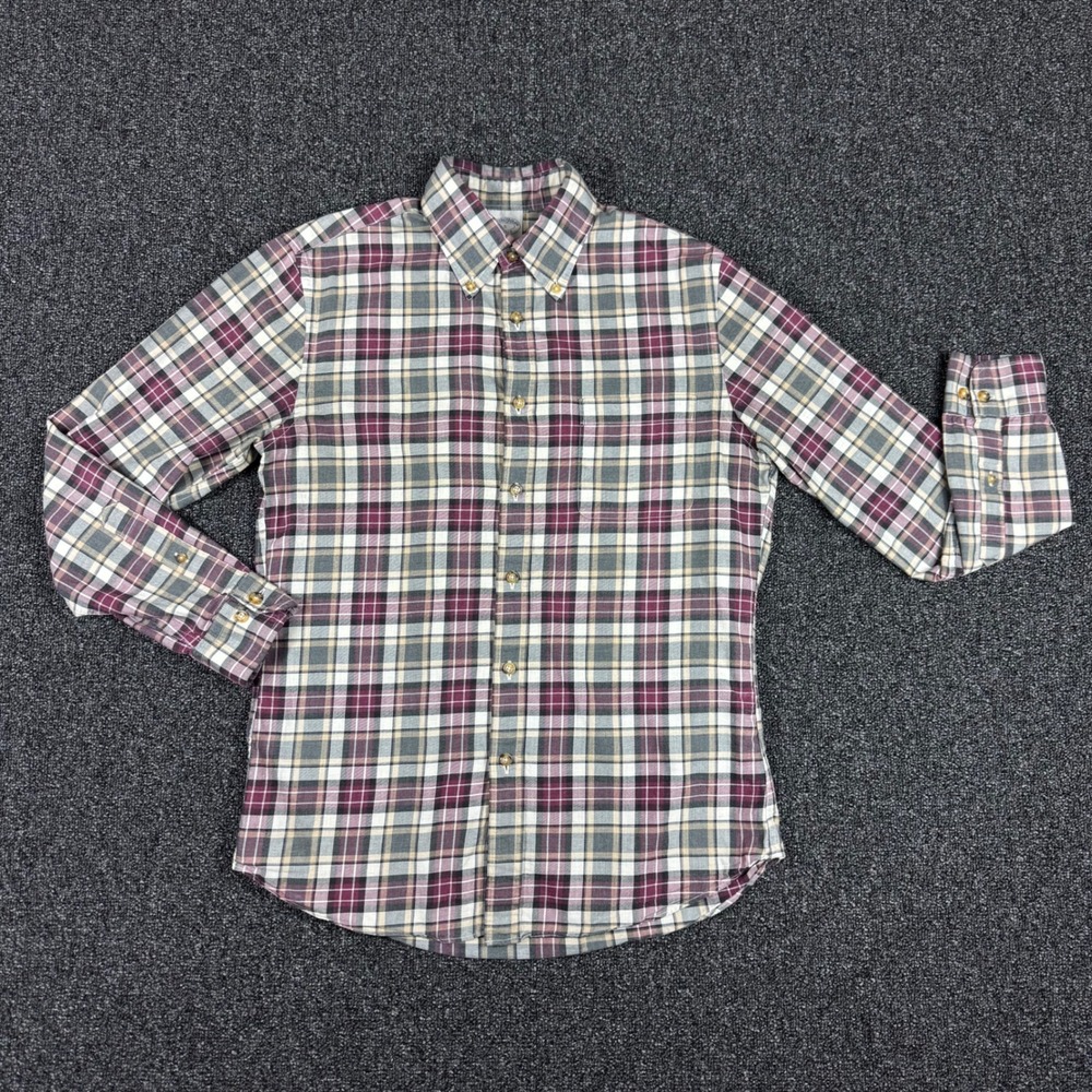 Brooks Brothers Regent Plaid Button Down Shirt Mens Small Burgundy Grey GOOD